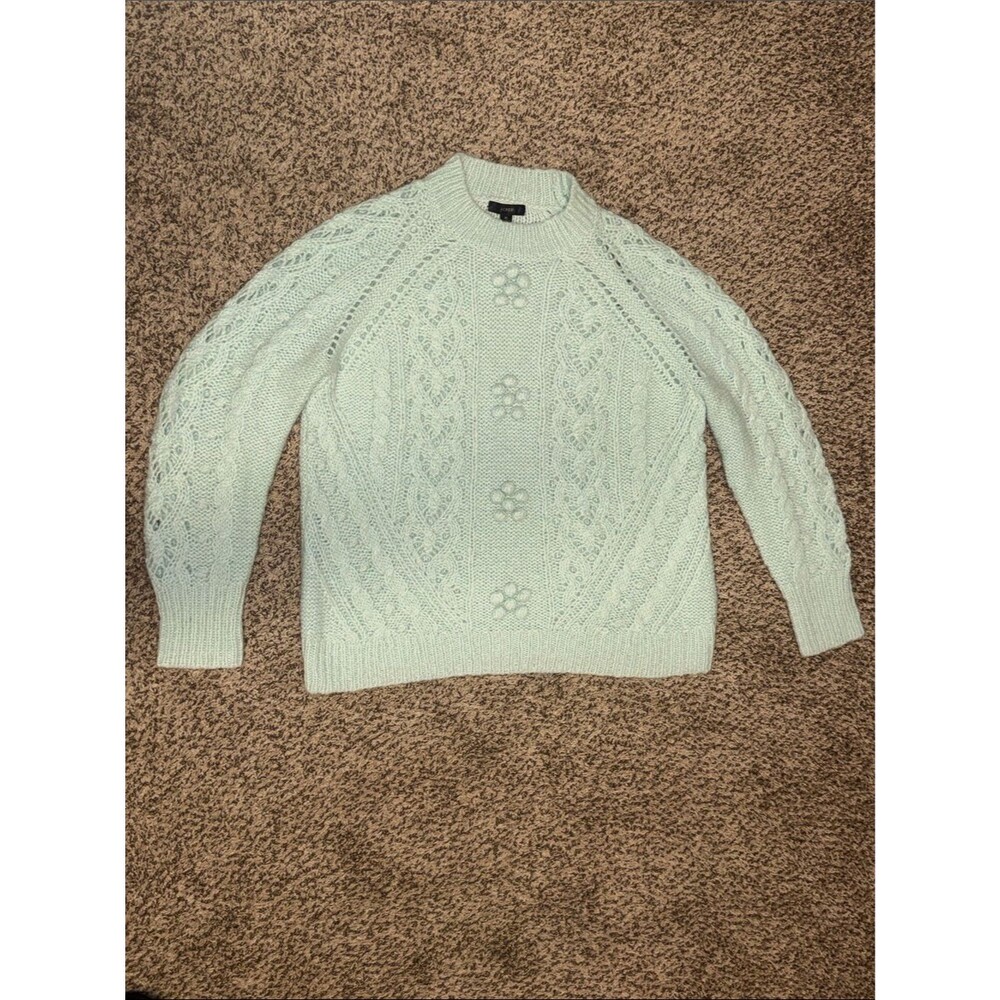 J.Crew Cable-Knit Pointelle Sweater with Popcorn Flowers Alpaca Blend Mint M